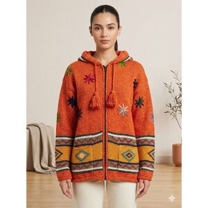 Handmade Ecuador Pixie Hood Wool Blend Sweater Jacket Boho Folk L